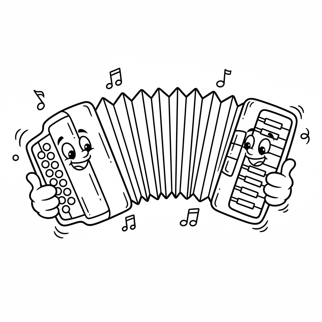 Akordeon z rozciągniętymi miechami, pokazujący wszystkie guziki i klawisze, kolorowanka dla dzieci, czarne kontury, bia...