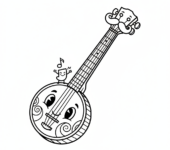 Banjo z okrągłym korpusem i długim gryfem, kolorowanka dla dzieci, czarne kontury, białe tło.