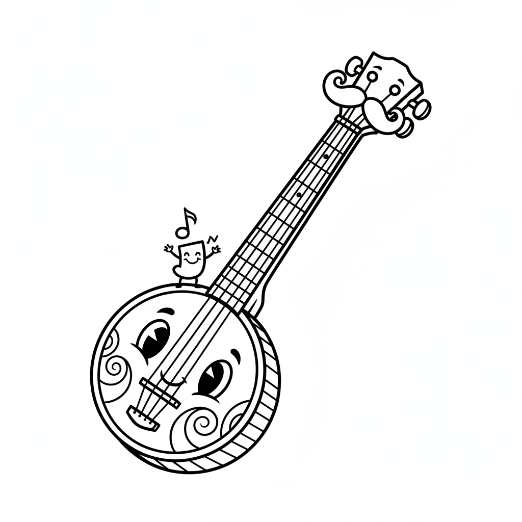 Banjo z okrągłym korpusem i długim gryfem, kolorowanka dla dzieci, czarne kontury, białe tło.