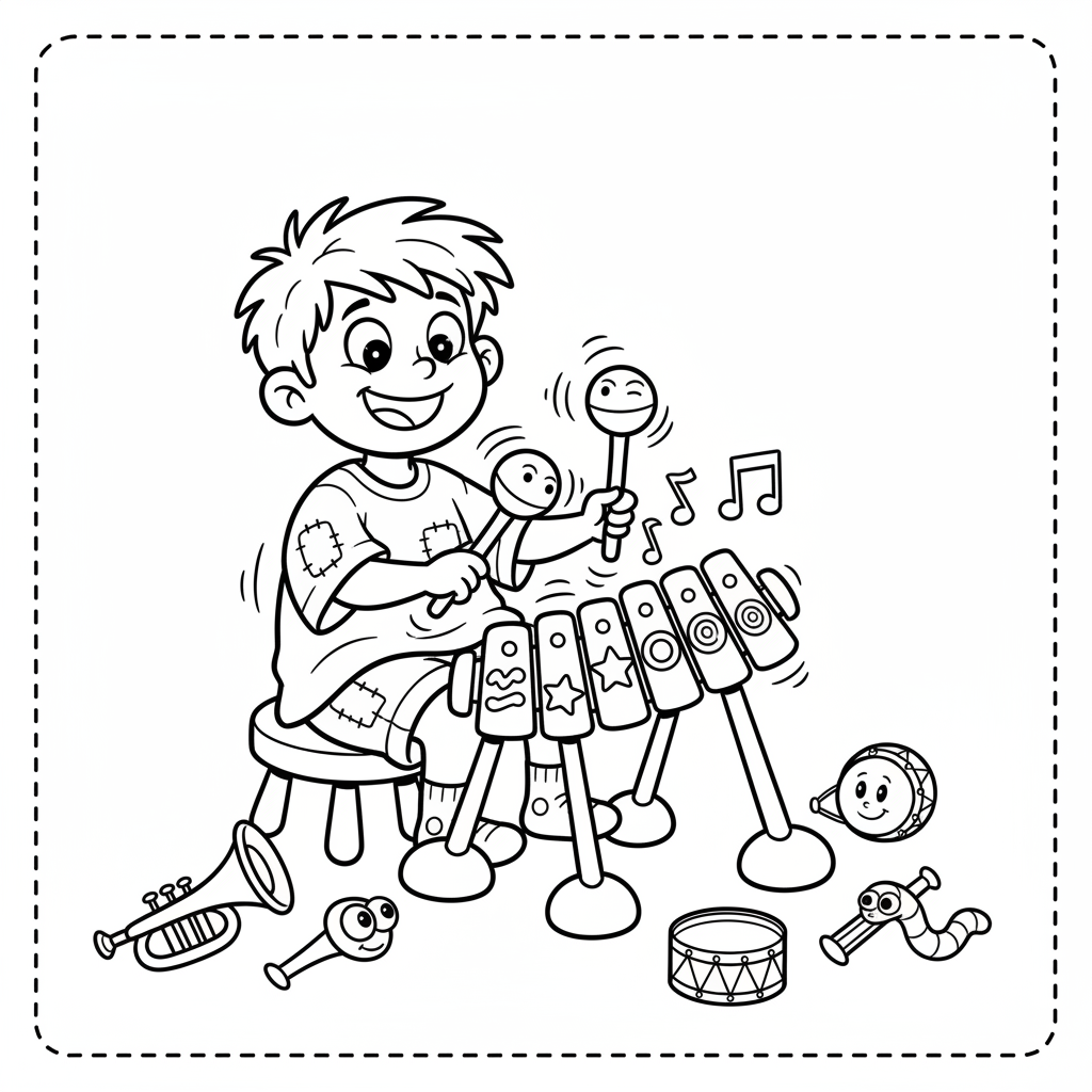 Dziecko radośnie grające na prostym zabawkach ksylofonie, z kolorowymi prętami, kolorowanka dla dzieci, czarne kontury,...