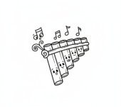 Fletnia Pana z wieloma rurkami o różnej długości, kolorowanka dla dzieci, czarne kontury, białe tło.