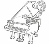 Fortepian z otwartą klapą, ukazujący klawisze i młoteczki, kolorowanka dla dzieci, czarne kontury, białe tło.