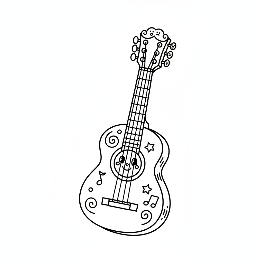 Klasyczna gitara akustyczna z sześcioma strunami i otworem rezonansowym, kolorowanka dla dzieci, czarne kontury, białe t...