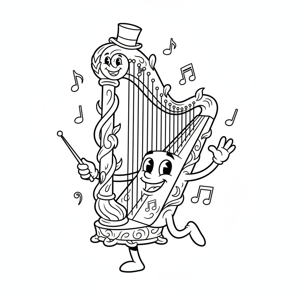 Harfa z wieloma strunami i ozdobną ramą, wyglądająca majestatycznie, kolorowanka dla dzieci, czarne kontury, białe tło.