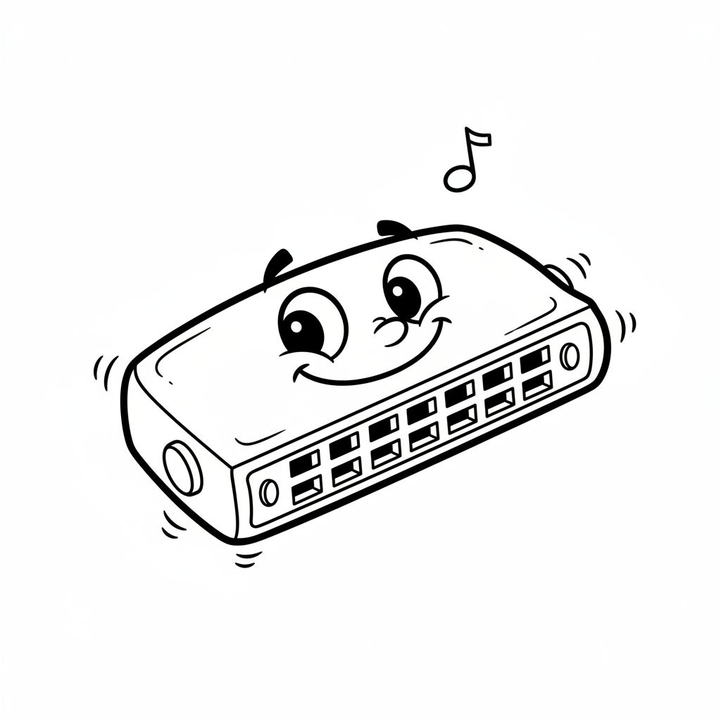 Harmonijka z małymi metalowymi stroikami, kolorowanka dla dzieci, czarne kontury, białe tło.