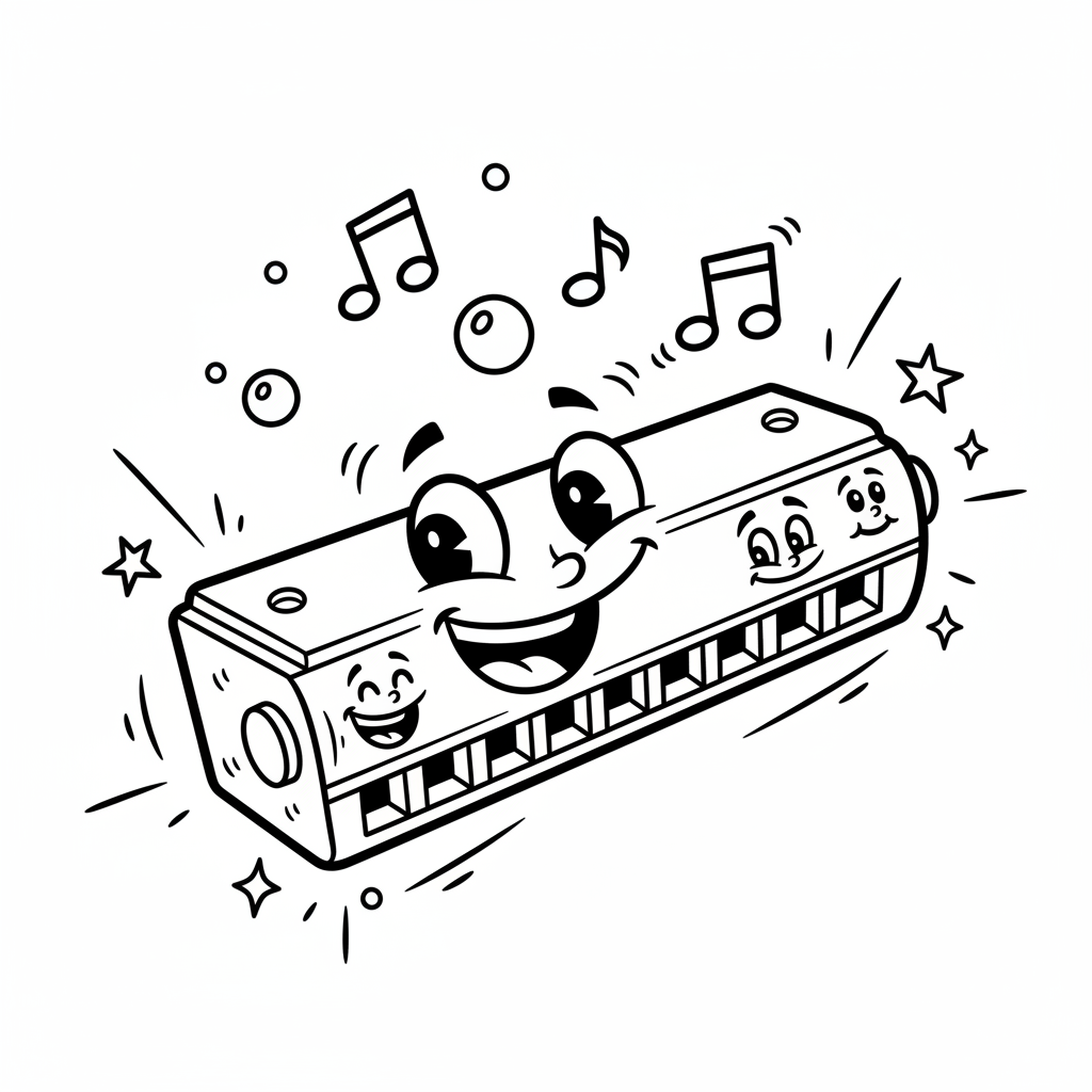 Harmonijka z małymi metalowymi stroikami, kolorowanka dla dzieci, czarne kontury, białe tło.