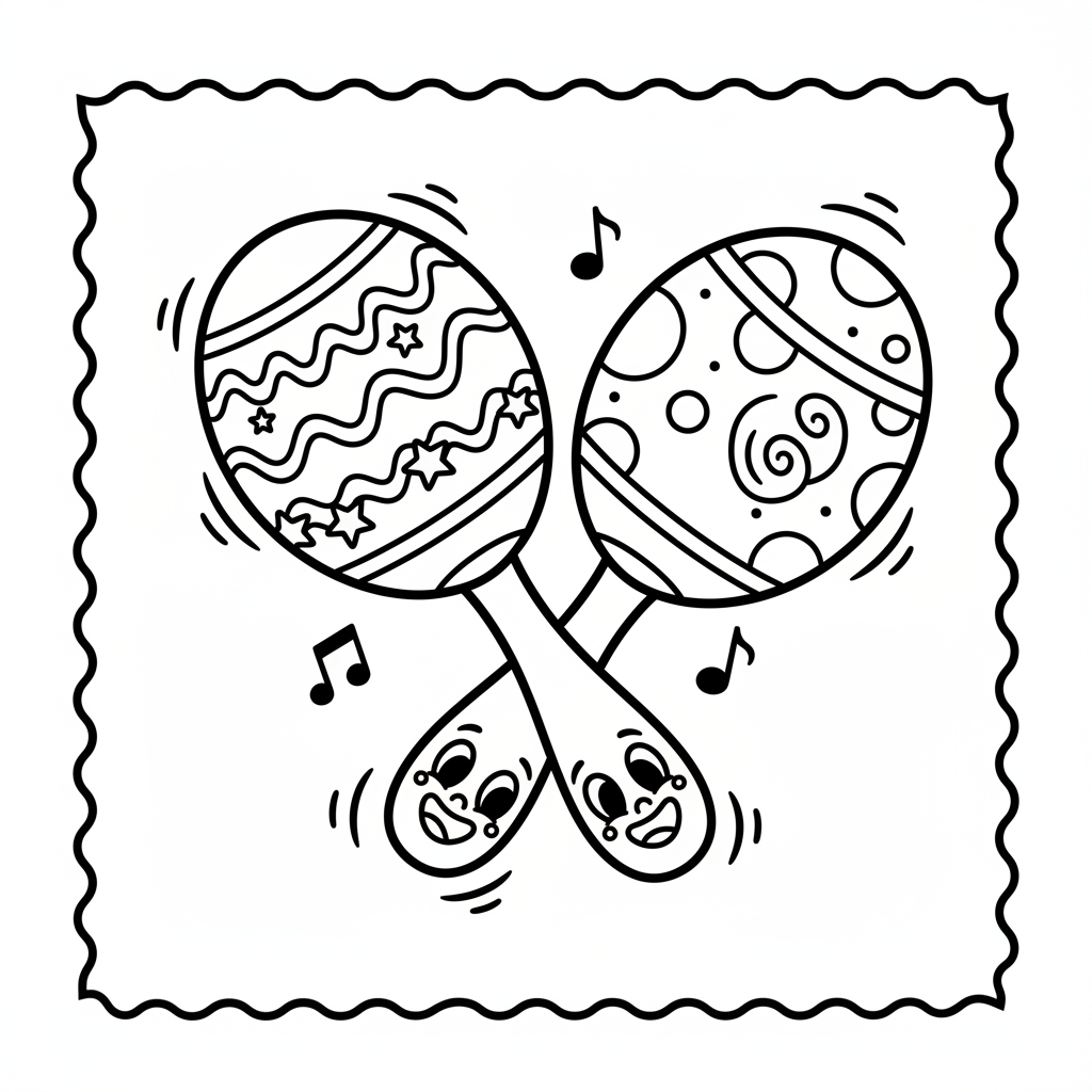 Para marakasów, kolorowych i gotowych do potrząsania w rytm, kolorowanka dla dzieci, czarne kontury, białe tło.