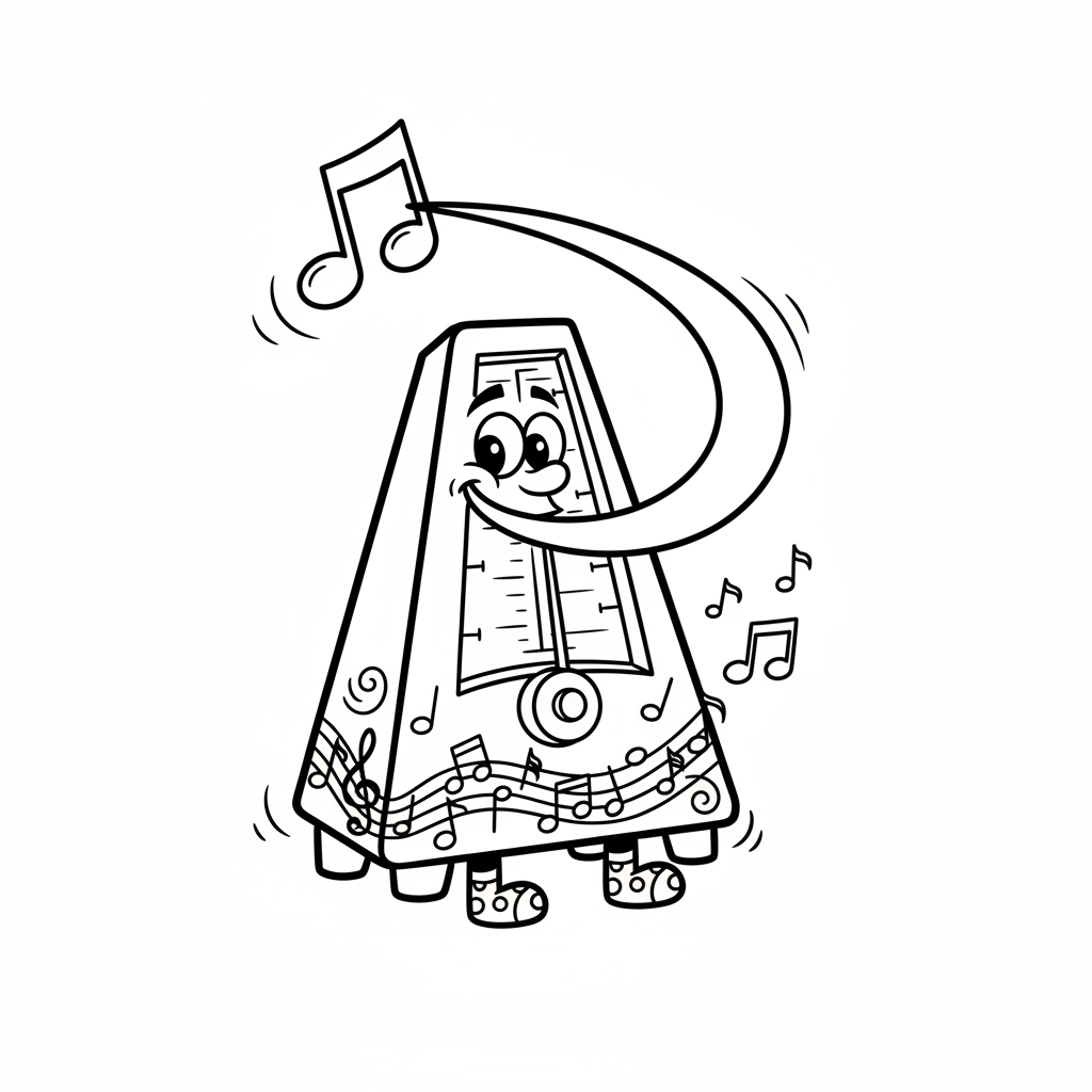 Metronom tykający w równym rytmie, z wahadłem kołyszącym się, kolorowanka dla dzieci, czarne kontury, białe tło.