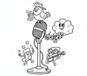 Mikrofon na statywie, gotowy do występu wokalisty, kolorowanka dla dzieci, czarne kontury, białe tło.