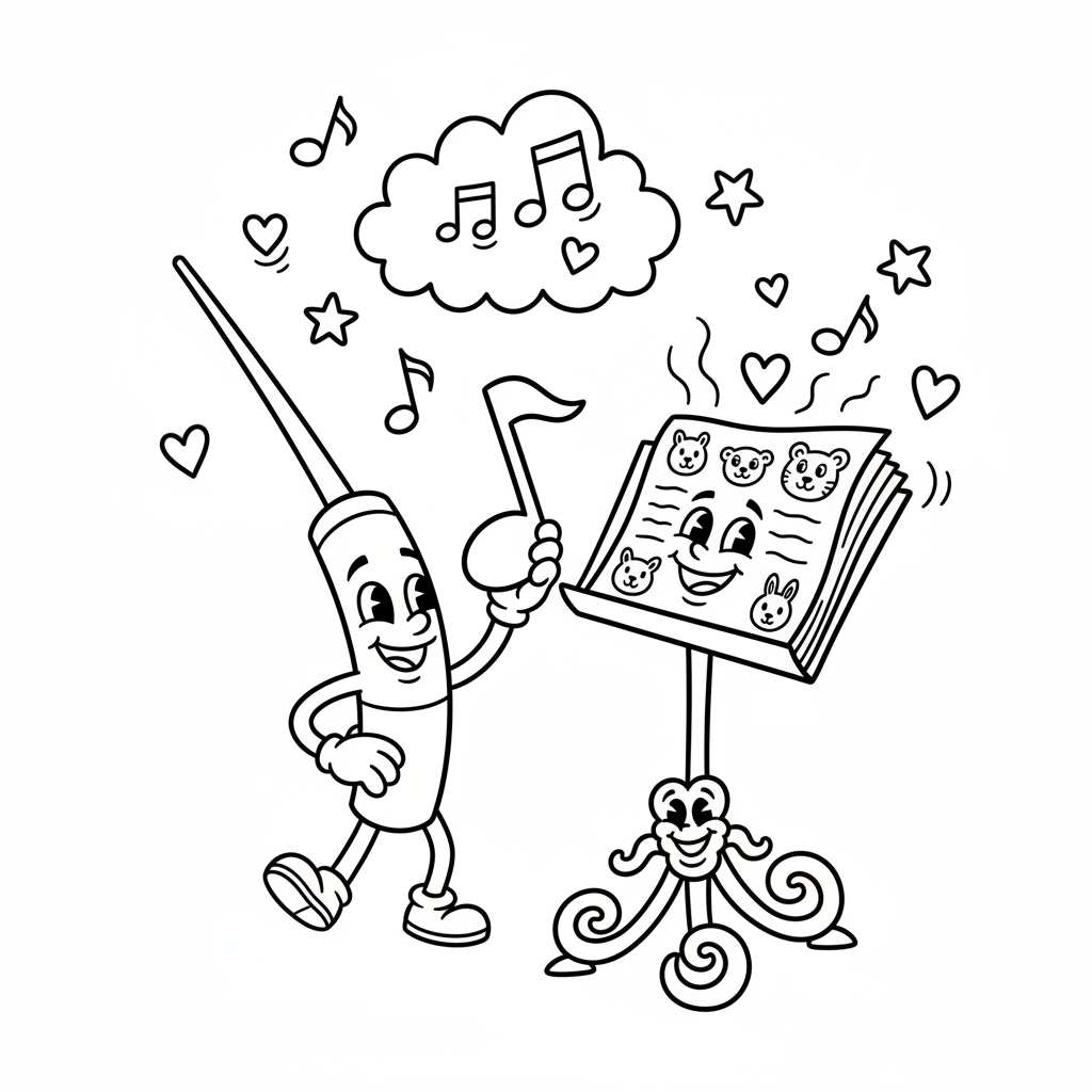 Pałeczka dyrygenta i pulpit nutowy, symbolizujące orkiestrę, black outline, white background, suitable for kids colorin...