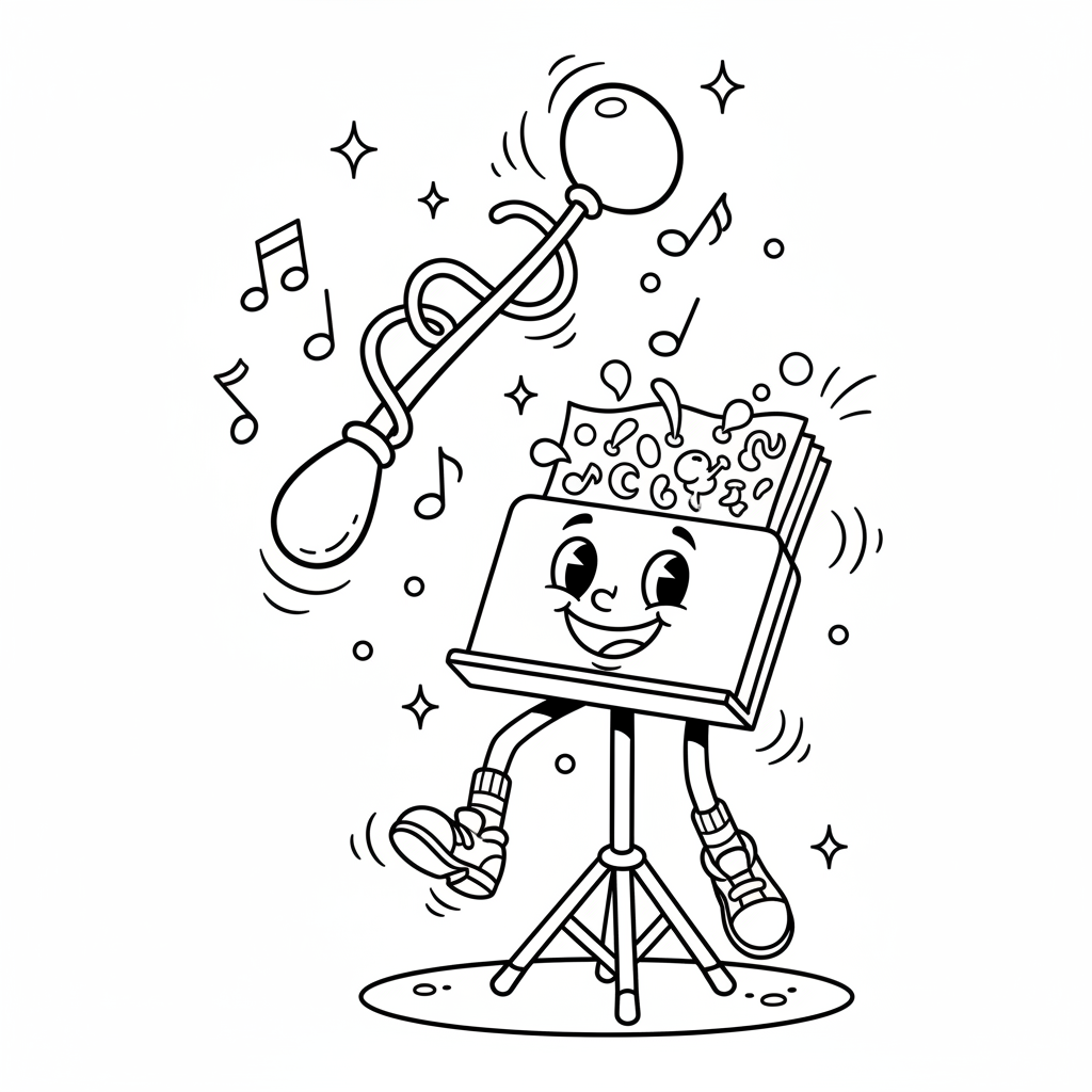 Pałeczka dyrygenta i pulpit nutowy, symbolizujące orkiestrę, black outline, white background, suitable for kids colorin...