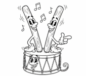 Para pałeczek perkusyjnych spoczywająca na werblu, czekająca na rytm, kolorowanka dla dzieci, czarne kontury, białe tło.