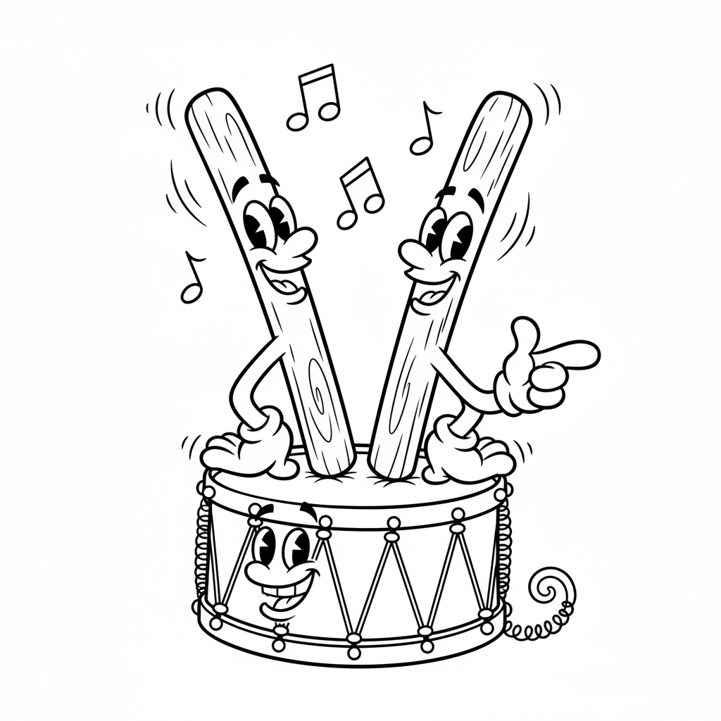 Para pałeczek perkusyjnych spoczywająca na werblu, czekająca na rytm, kolorowanka dla dzieci, czarne kontury, białe tło.