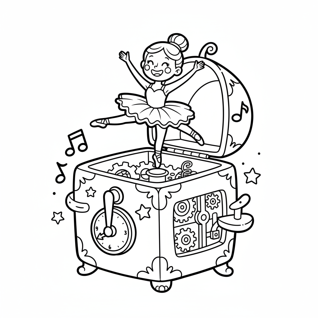 Urocza pozytywka z maleńką baletnicą w środku, black outline, white background, suitable for kids coloring, cartoon st...