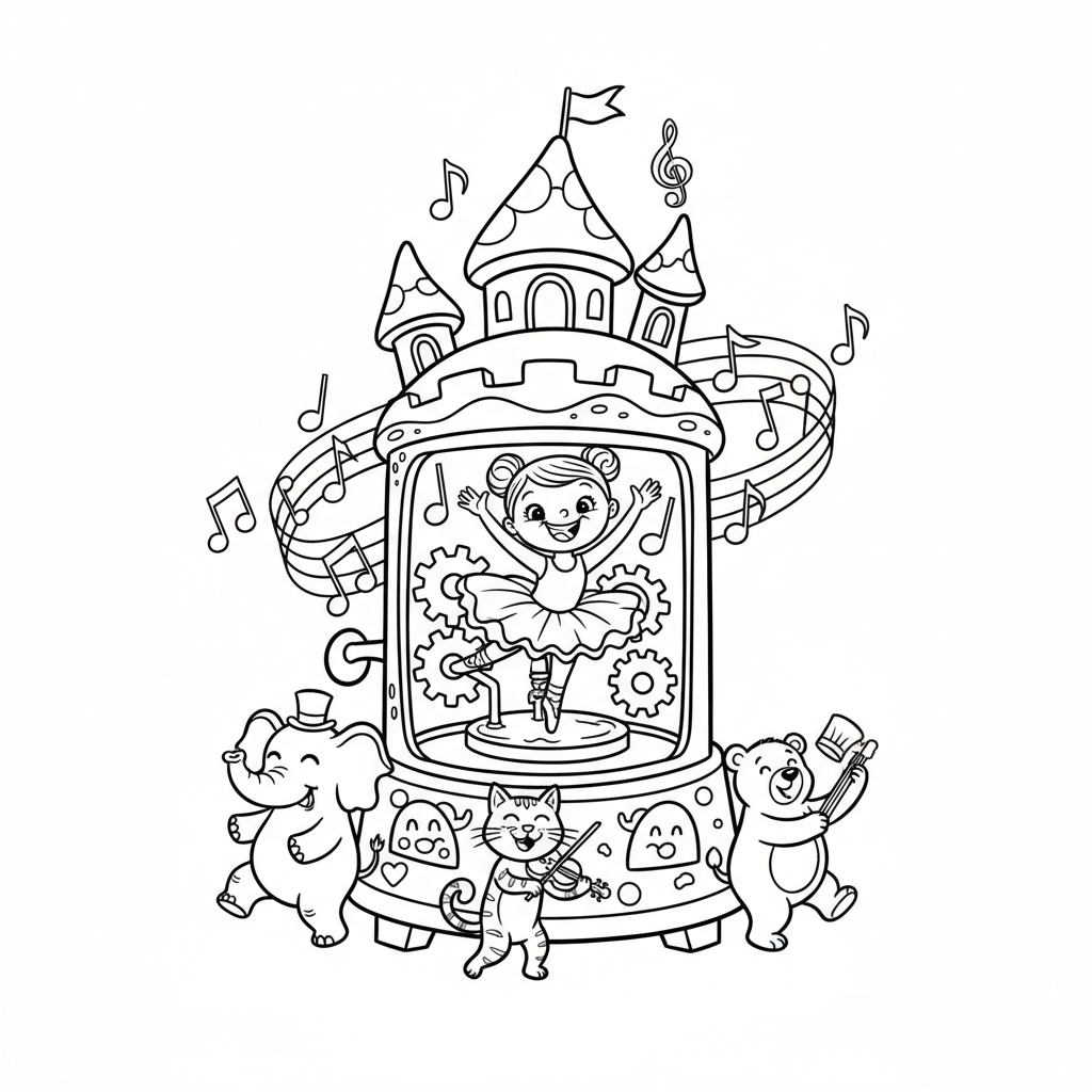 Urocza pozytywka z maleńką baletnicą w środku, black outline, white background, suitable for kids coloring, cartoon st...