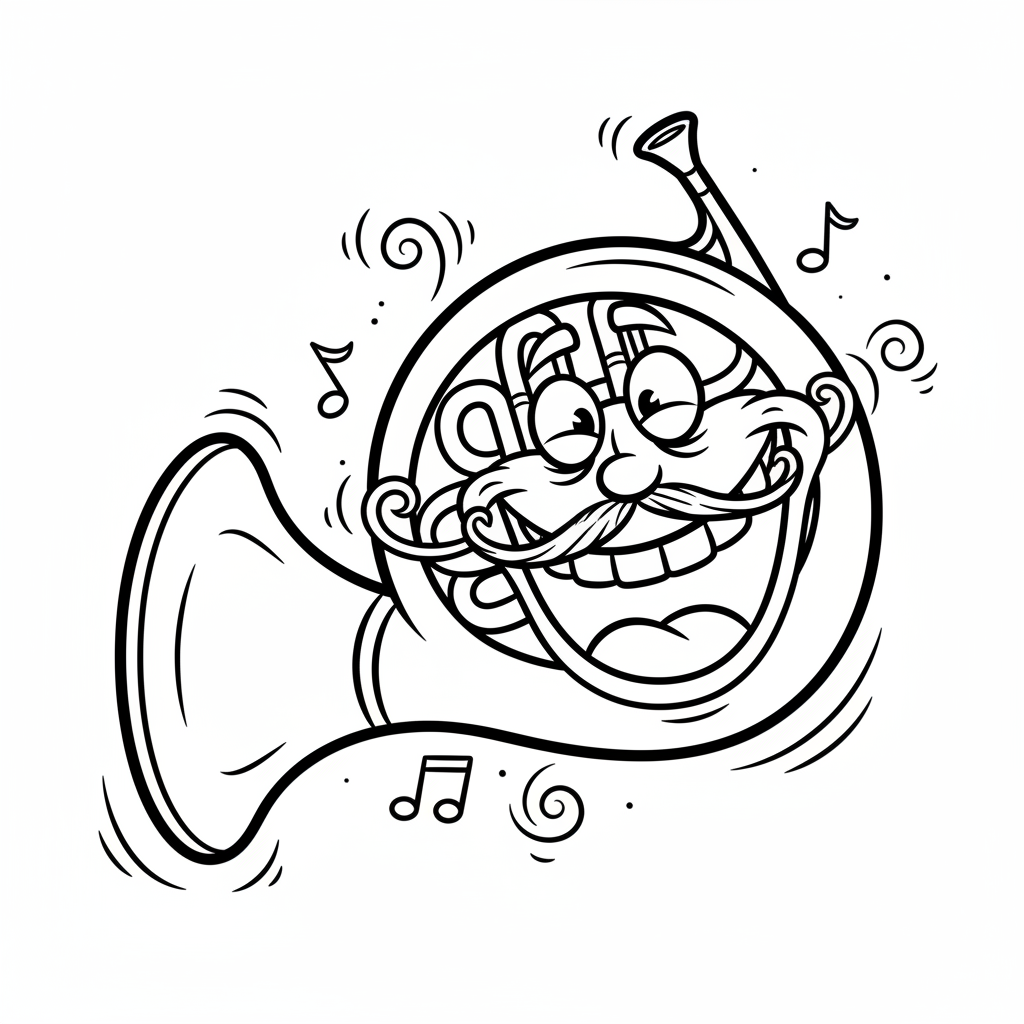 Róg francuski z jego zwiniętą rurką i czarą, kolorowanka dla dzieci, czarne kontury, białe tło.