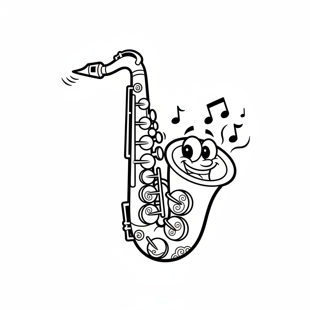 Saksofon z lśniącymi klawiszami i ustnikiem, kolorowanka dla dzieci, czarne kontury, białe tło.