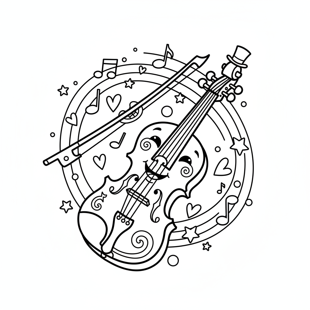 Piękne skrzypce z smyczkiem, gotowe do zagrania z gracją, kolorowanka dla dzieci, czarne kontury, białe tło.