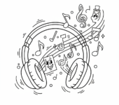 Para słuchawek z nutami muzycznymi unoszącymi się z nich, kolorowanka dla dzieci, czarne kontury, białe tło.