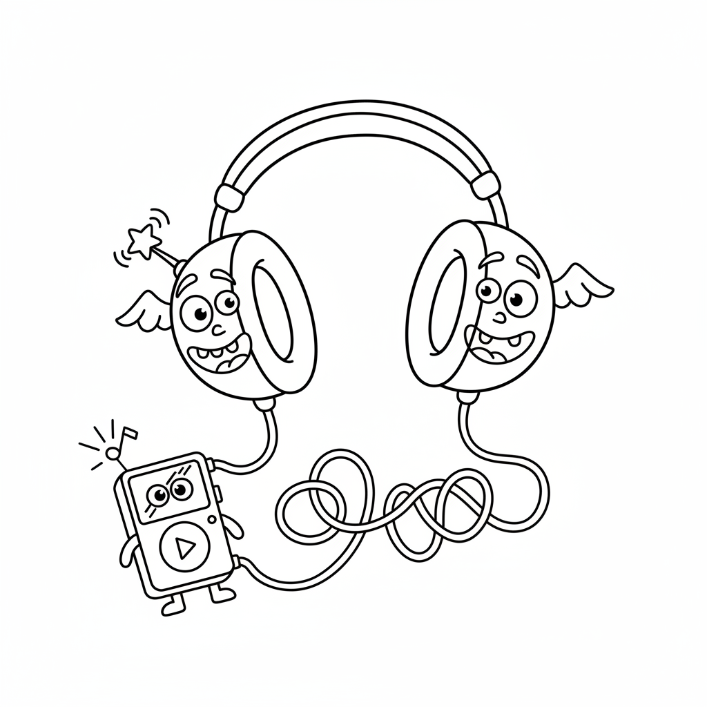 Para słuchawek podłączonych do małego odtwarzacza muzyki, kolorowanka dla dzieci, czarne kontury, białe tło.
