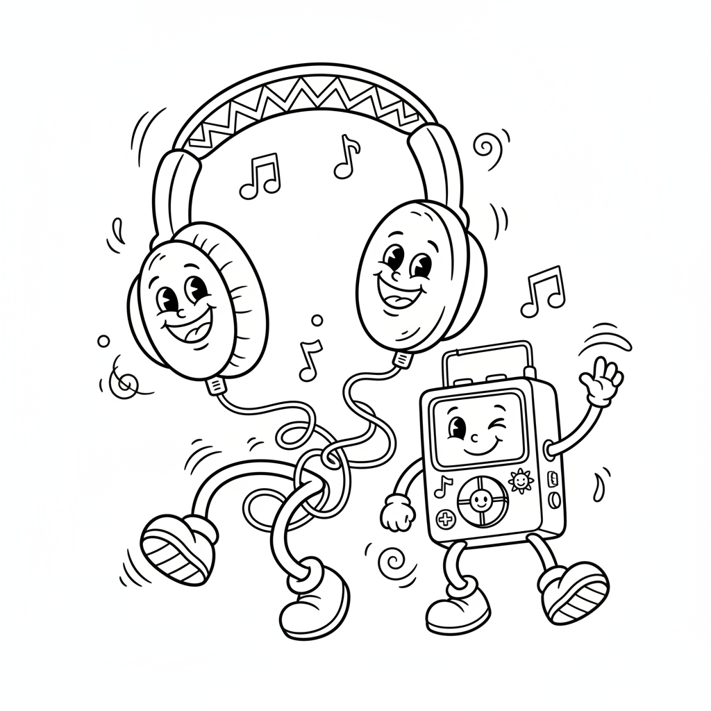 Para słuchawek podłączonych do małego odtwarzacza muzyki, kolorowanka dla dzieci, czarne kontury, białe tło.