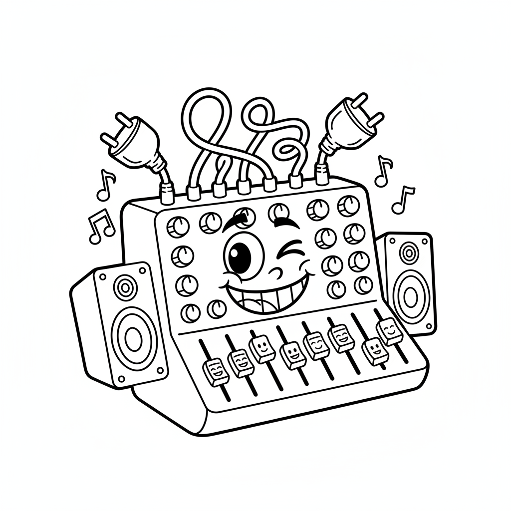 Stół mikserski z wieloma pokrętłami i suwakami, reprezentujący produkcję muzyczną, kolorowanka dla dzieci, czarne k...