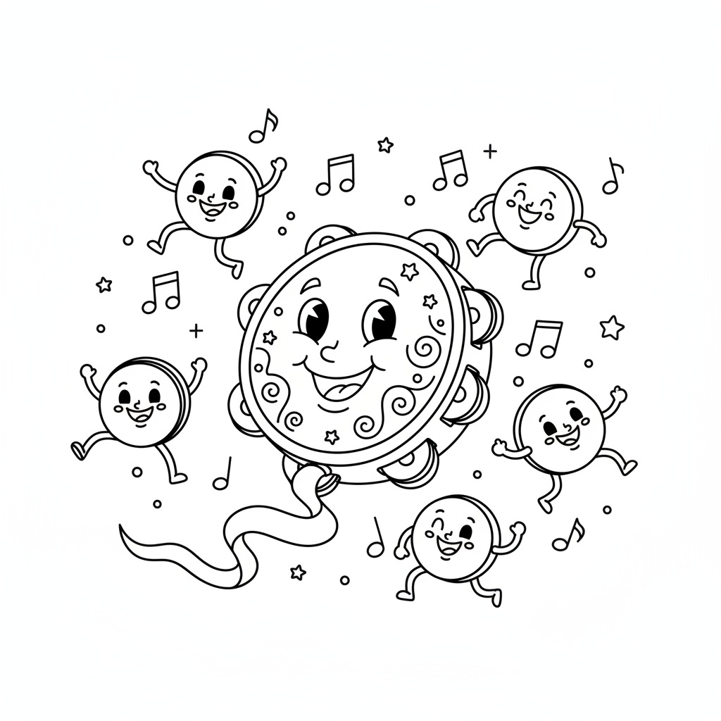 Tamburyn z dzwoniącymi talerzykami, gotowy do rytmicznej zabawy, kolorowanka dla dzieci, czarne kontury, białe tło.