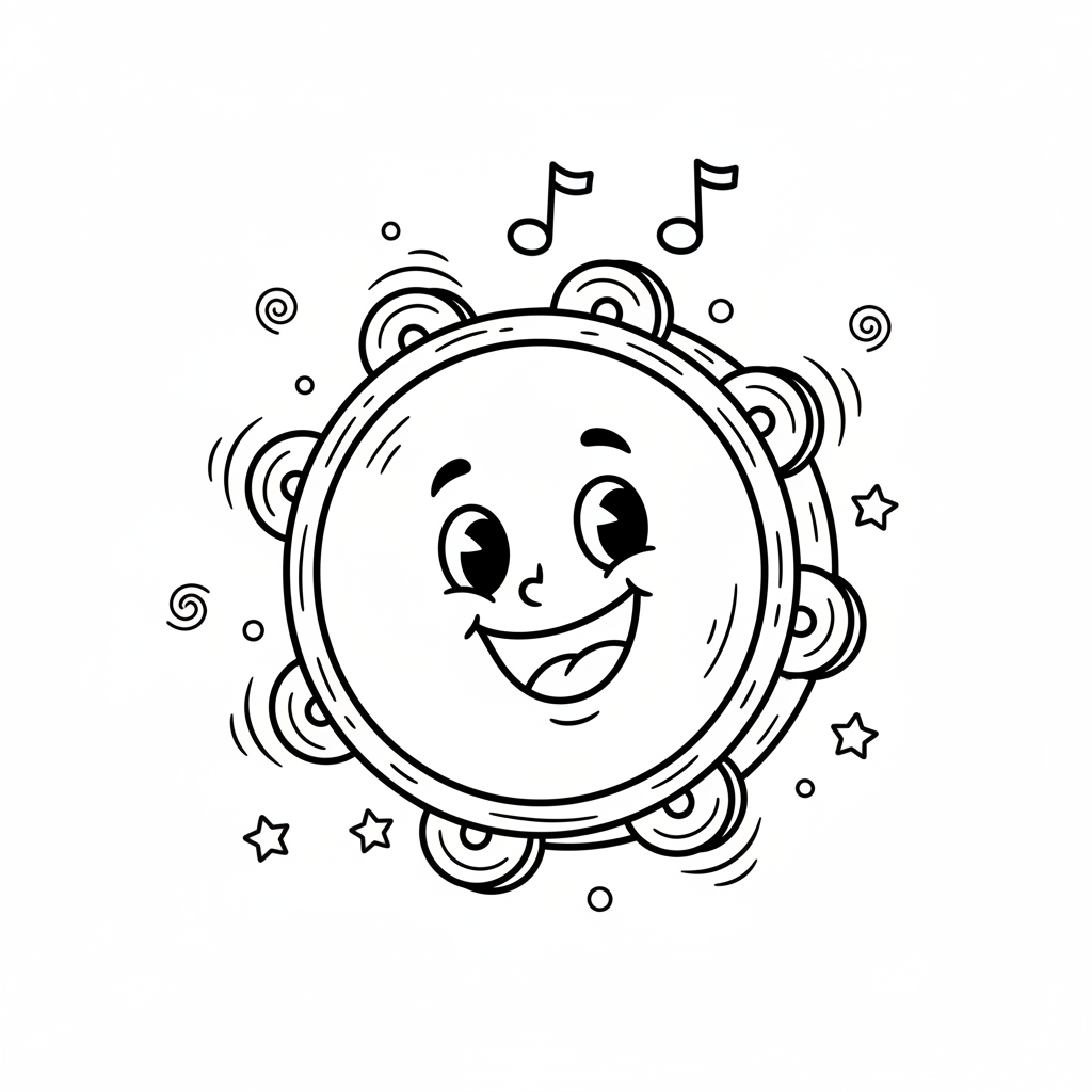 Tamburyn z dzwoniącymi talerzykami, gotowy do rytmicznej zabawy, kolorowanka dla dzieci, czarne kontury, białe tło.