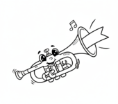 Wesoła trąbka z błyszczącymi wentylami, gotowa do zagrania fanfary, kolorowanka dla dzieci, czarne kontury, białe tło.