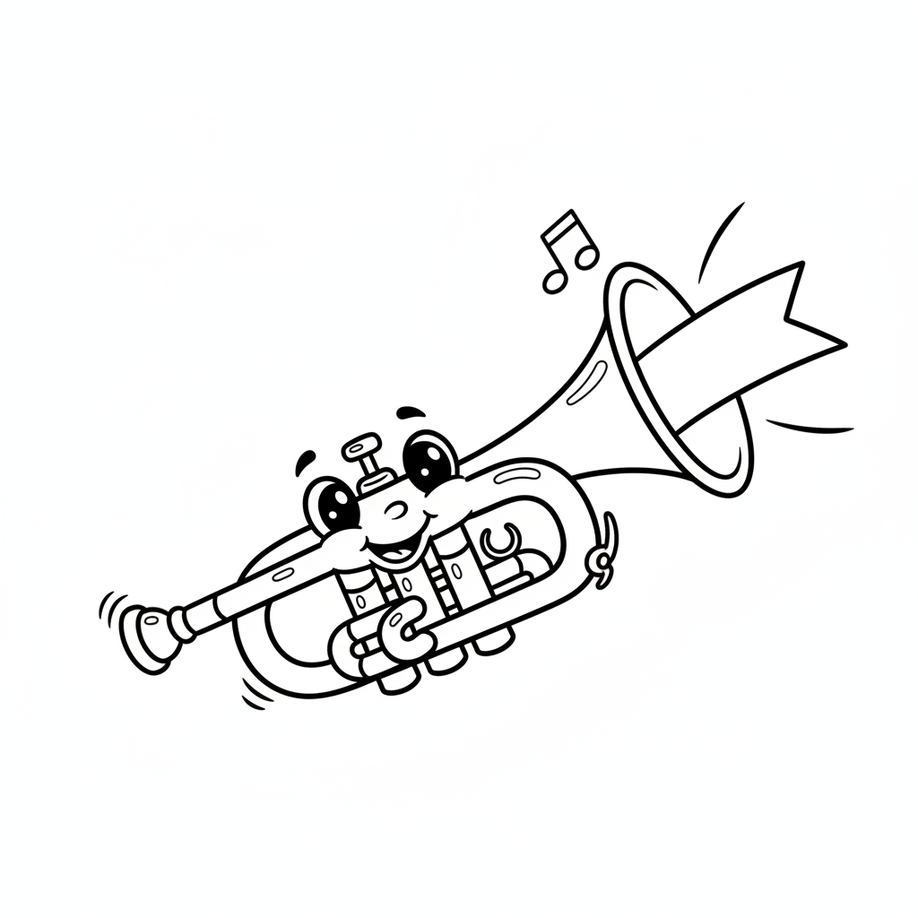 Wesoła trąbka z błyszczącymi wentylami, gotowa do zagrania fanfary, kolorowanka dla dzieci, czarne kontury, białe tło.