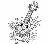 Wesołe ukulele z czterema strunami, idealne do słonecznej melodii na plaży, kolorowanka dla dzieci, czarne kontury, bia...
