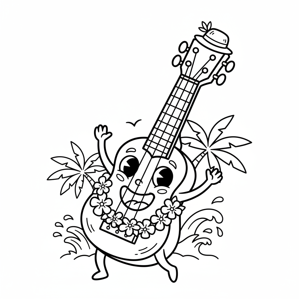 Wesołe ukulele z czterema strunami, idealne do słonecznej melodii na plaży, kolorowanka dla dzieci, czarne kontury, bia...