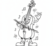 Wiolonczela stojąca dumnie, z jej elegancką formą i strunami, kolorowanka dla dzieci, czarne kontury, białe tło.