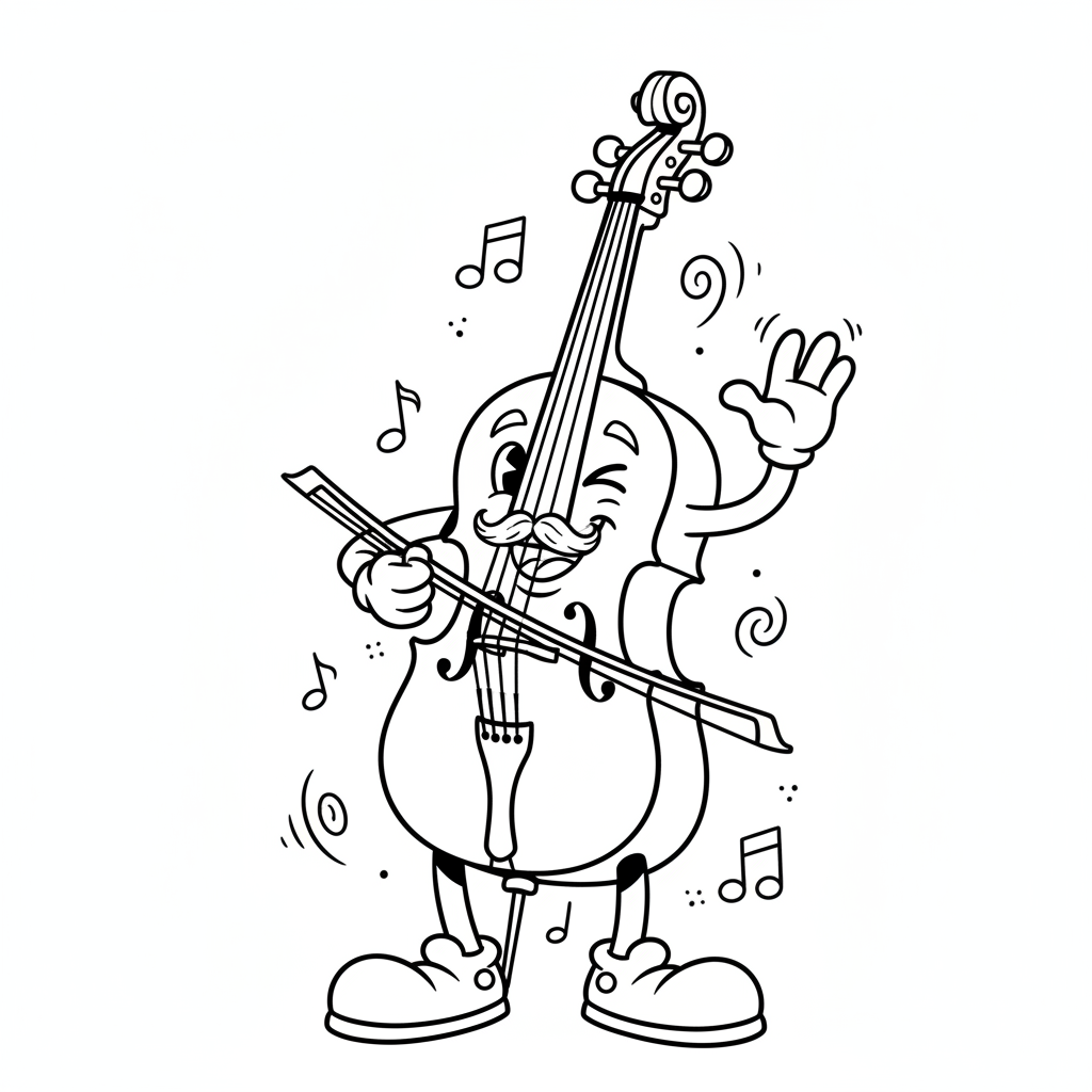 Wiolonczela stojąca dumnie, z jej elegancką formą i strunami, kolorowanka dla dzieci, czarne kontury, białe tło.