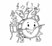 Zestaw perkusyjny z bębnem basowym, werblem i talerzami, wszystko ustawione dla muzyka, kolorowanka dla dzieci, czarne ko...