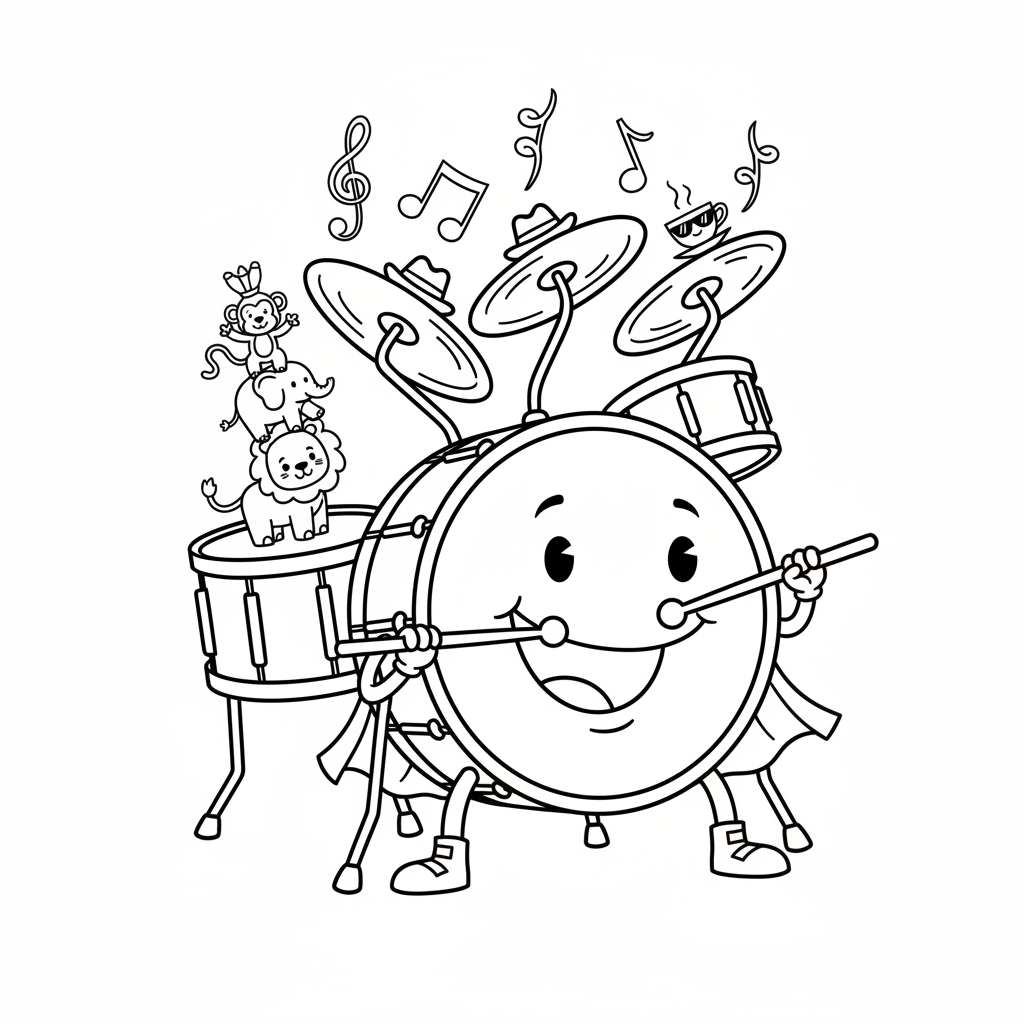 Zestaw perkusyjny z bębnem basowym, werblem i talerzami, wszystko ustawione dla muzyka, kolorowanka dla dzieci, czarne ko...