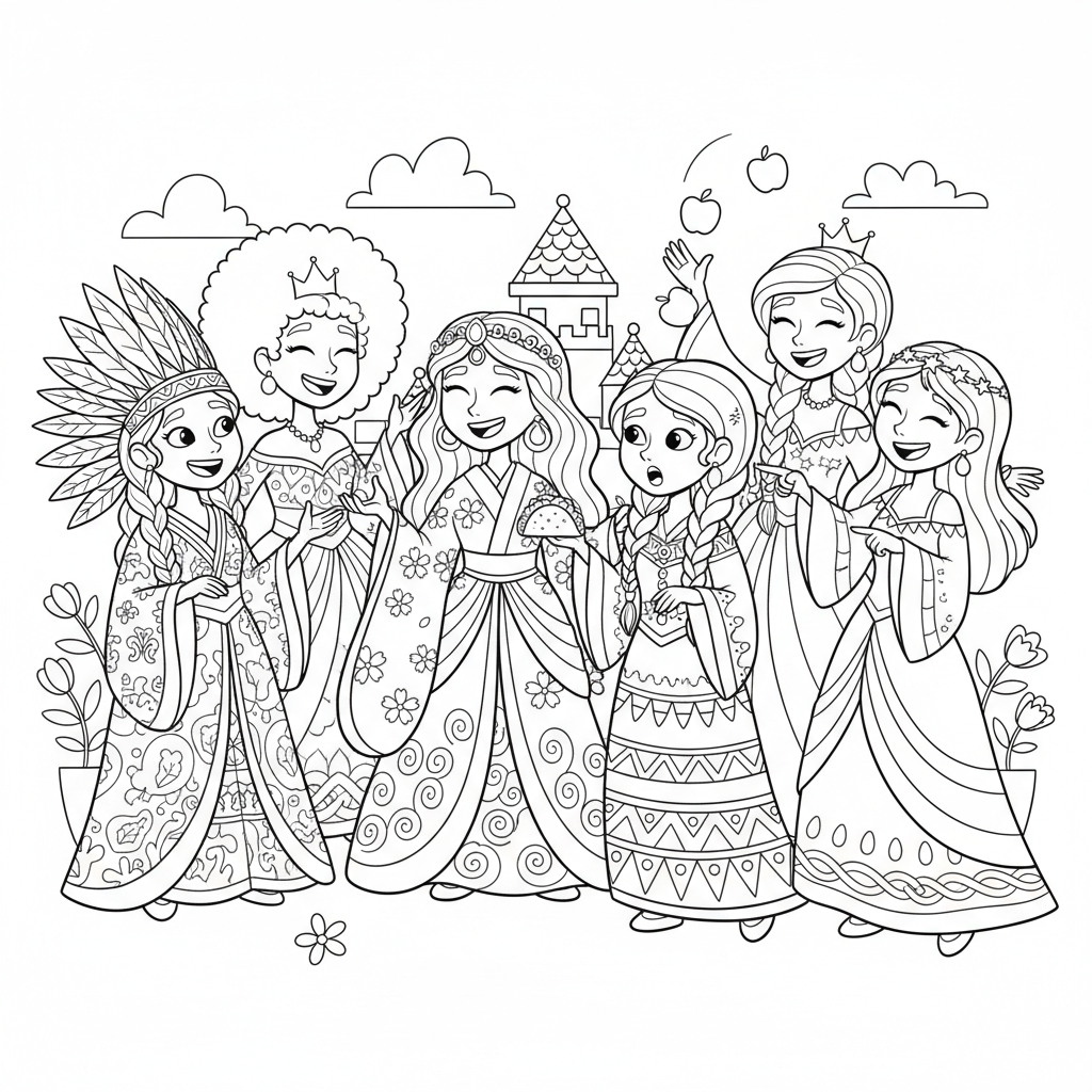 Grupa różnorodnych księżniczek z różnych krain, stojących razem w harmonii, kolorowanka dla dzieci, czarne kontury,...