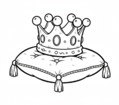 Królewska korona spoczywająca na aksamitnej poduszce, z błyszczącymi klejnotami, kolorowanka dla dzieci, czarne kontur...