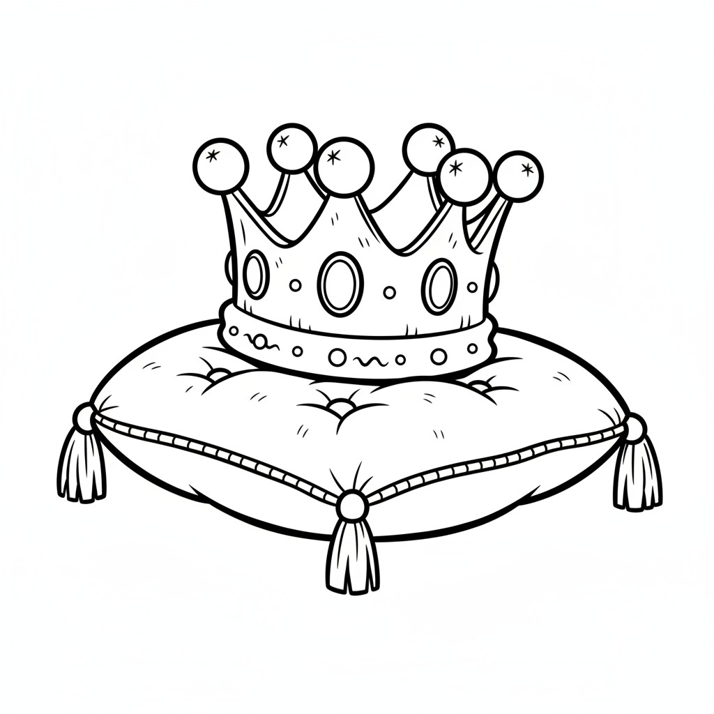 Królewska korona spoczywająca na aksamitnej poduszce, z błyszczącymi klejnotami, kolorowanka dla dzieci, czarne kontur...