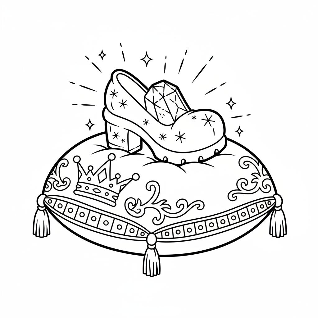 Kryształowy pantofelek błyszczący na poduszce, z królewską poduszką, kolorowanka dla dzieci, czarne kontury, białe ...