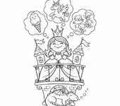 Księżniczka wyglądająca z balkonu zamku, marząca, kolorowanka dla dzieci, czarne kontury, białe tło.