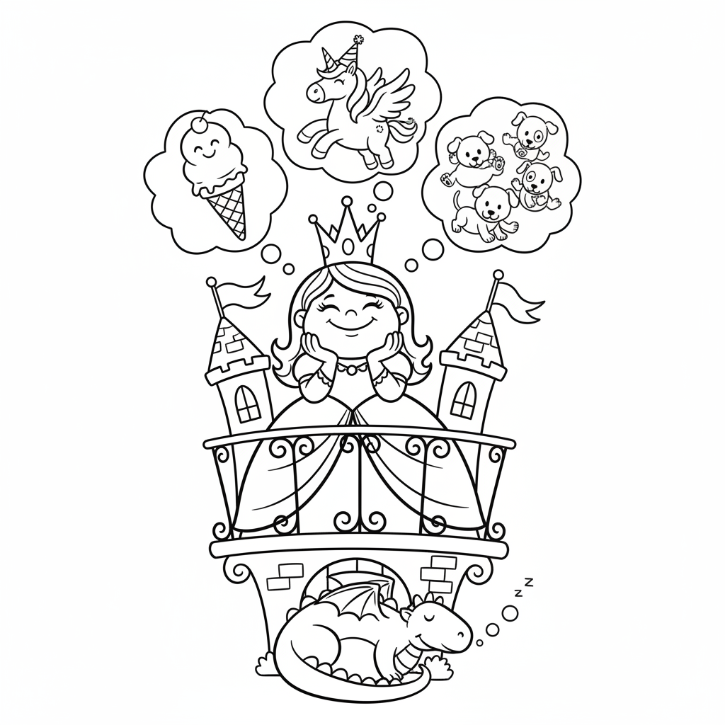 Księżniczka wyglądająca z balkonu zamku, marząca, kolorowanka dla dzieci, czarne kontury, białe tło.
