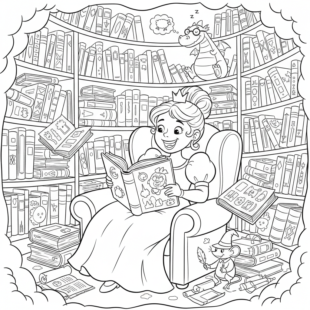 Księżniczka czytająca książkę w przytulnej bibliotece, otoczona półkami ze starożytnymi tekstami, kolorowanka dla...