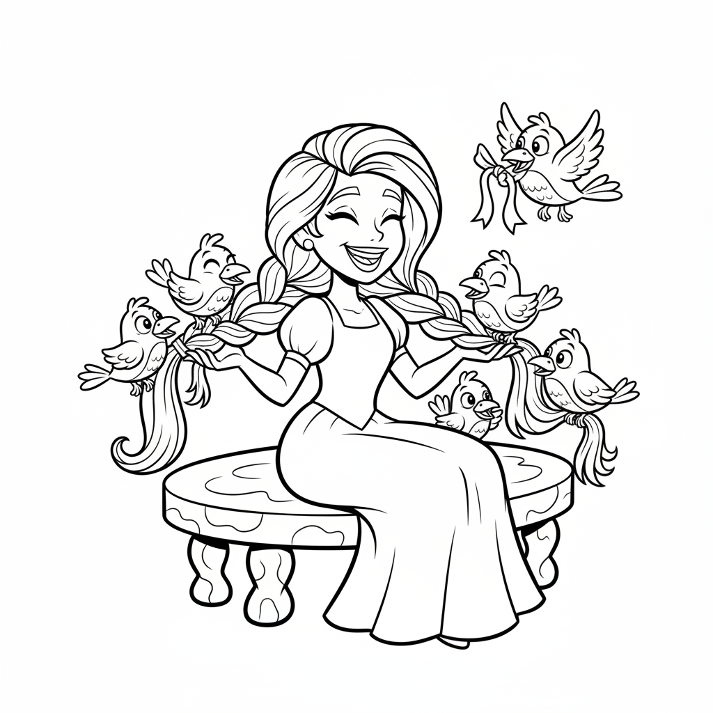 Księżniczka z długimi, rozwianymi włosami, zaplatająca je w warkocze z pomocą ptaków, kolorowanka dla dzieci, czarn...
