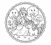 Księżniczka z jednorożcem, delikatnie głaszcząca jego grzywę, kolorowanka dla dzieci, czarne kontury, białe tło.