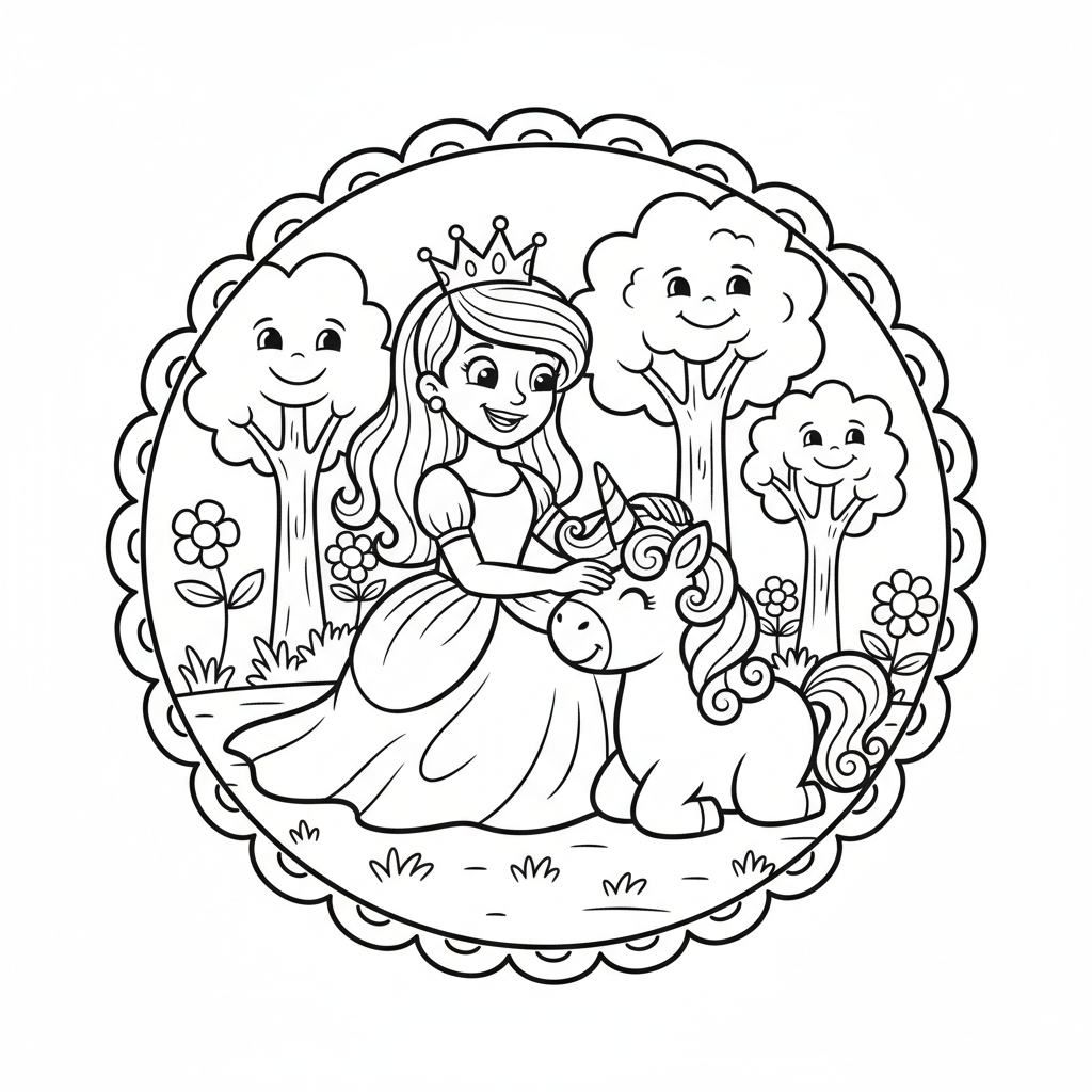 Księżniczka z jednorożcem, delikatnie głaszcząca jego grzywę, kolorowanka dla dzieci, czarne kontury, białe tło.