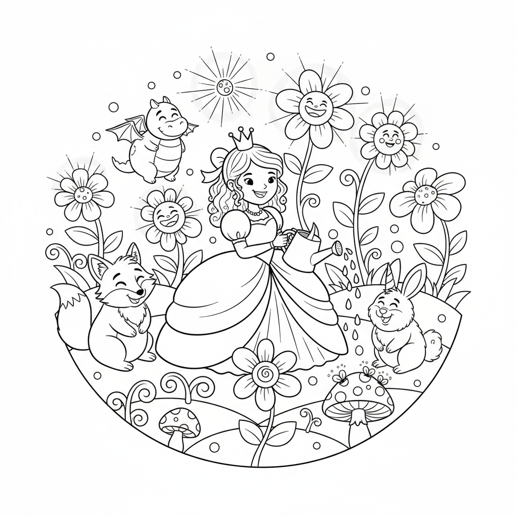Księżniczka pielęgnująca magiczny ogród, otoczona świecącymi kwiatami i przyjaznymi zwierzętami, kolorowanka dla d...