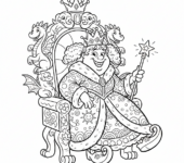 Księżniczka siedząca na majestatycznym tronie, trzymająca berło, w królewskiej koronie, kolorowanka dla dzieci, czar...