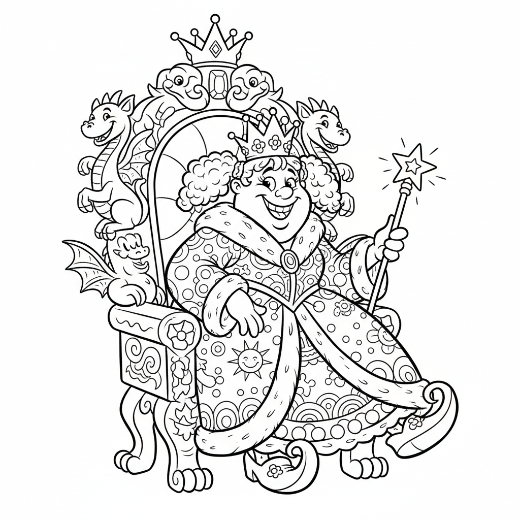 Księżniczka siedząca na majestatycznym tronie, trzymająca berło, w królewskiej koronie, kolorowanka dla dzieci, czar...