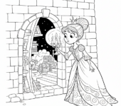 Księżniczka z ciekawskim wyrazem twarzy, odkrywająca ukryte tajne przejście w zamku, kolorowanka dla dzieci, czarne ko...